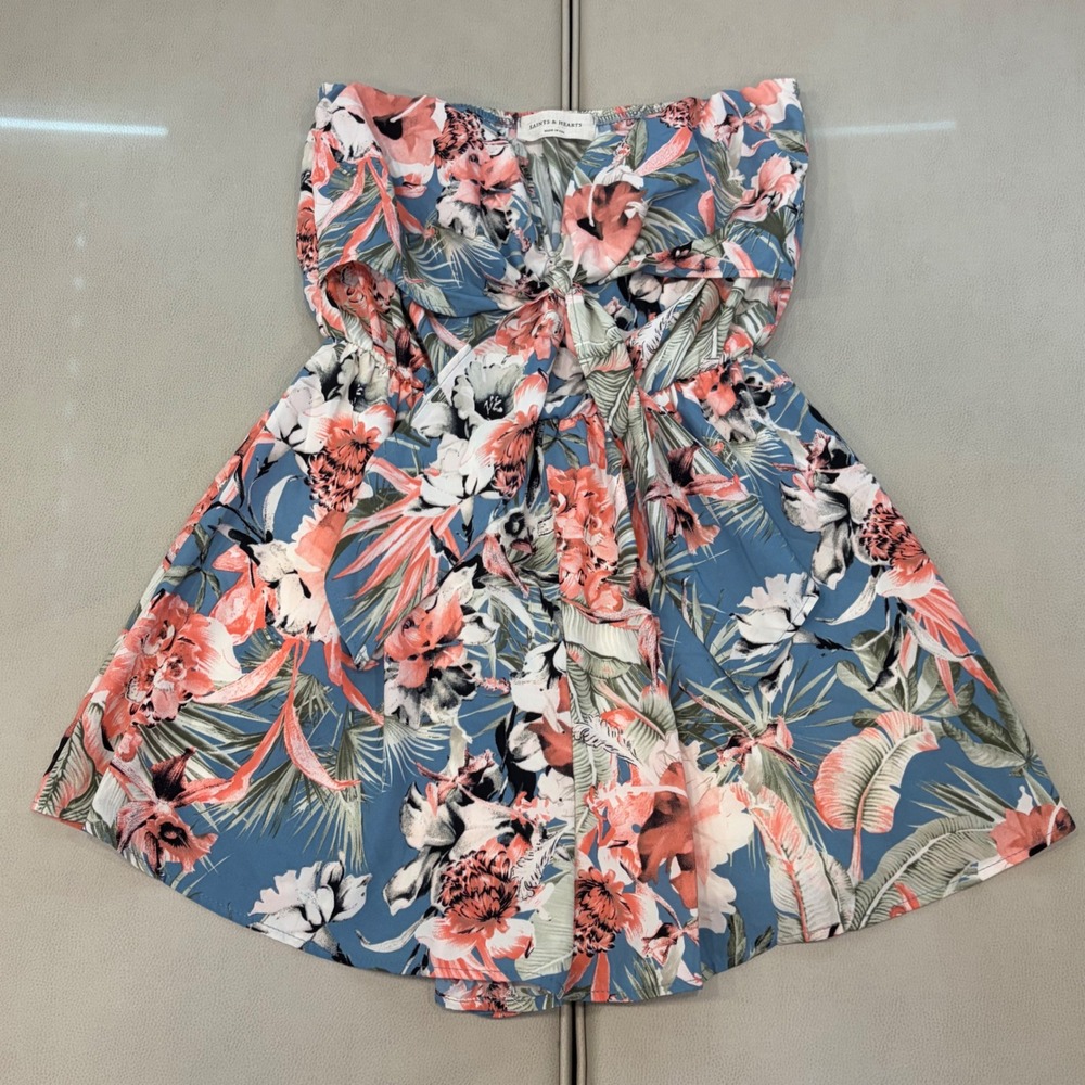 Saints & Hearts Blue Floral Strapless Tie Front Romper Small SR1130A Made in USA